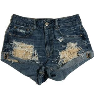 American Eagle Sz 6 Jean Shorts Lace Hi Rise Festival Distressed Denim Cut offs